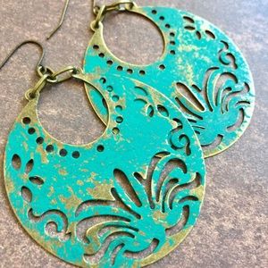 Distressed green patina crescent moon earrings